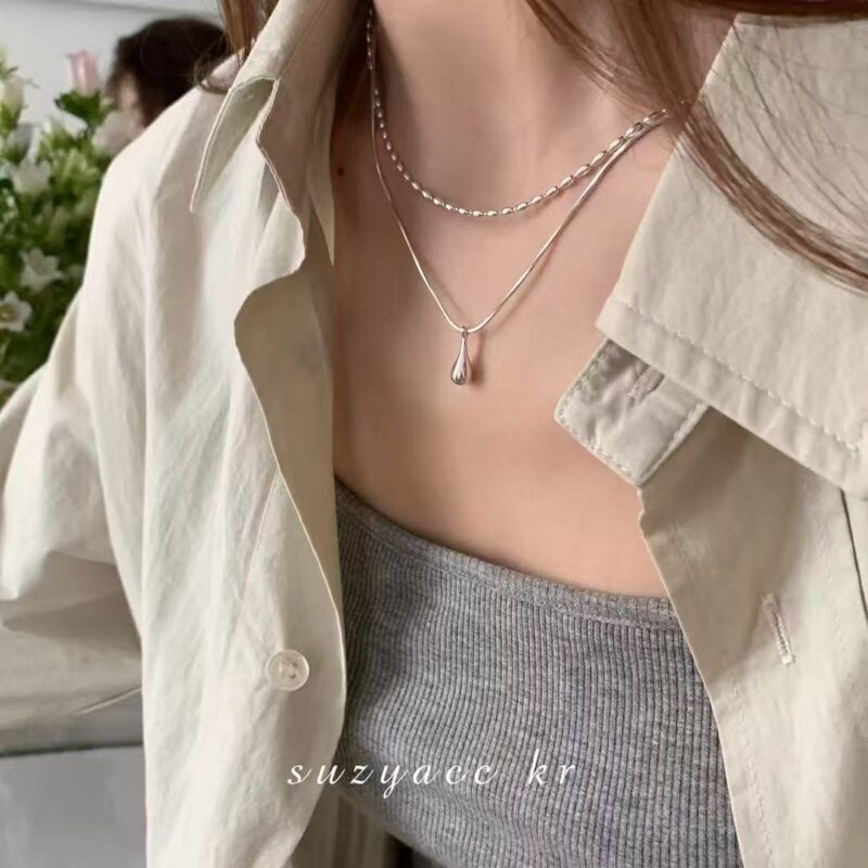 Minimalist Sterling Silver Double Layer Necklace Water Drop Pendant Clavicle Chain - Image 3