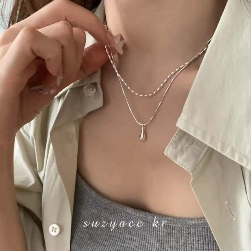 Minimalist Sterling Silver Double Layer Necklace Water Drop Pendant Clavicle Chain - Image 2