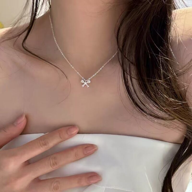 Sterling silver zircon bow necklace for women with high-end and luxurious niche agile pendant clavicle chain temperament necklace - Image 5