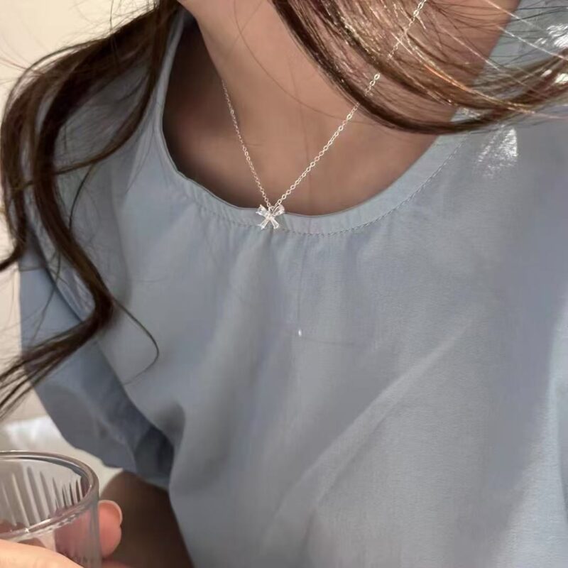 Sterling silver zircon bow necklace for women with high-end and luxurious niche agile pendant clavicle chain temperament necklace - Image 3