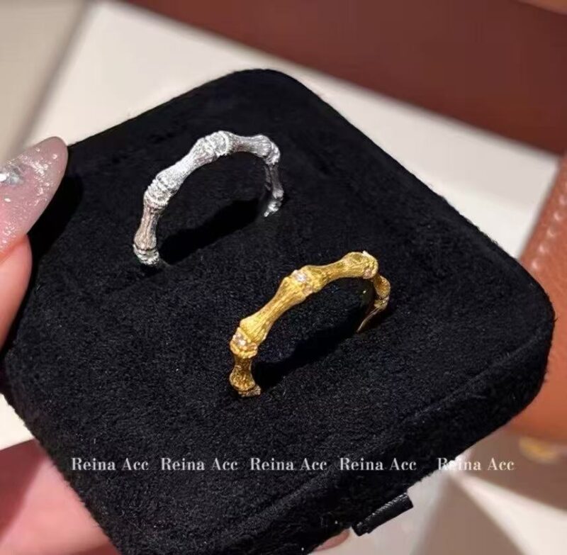 Brushed diamond-inlaid bamboo ring gold and silver high-end - Image 3